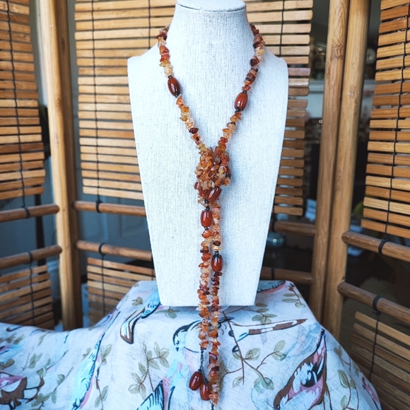Carnelian Amber Tumbled Rocks Chip Stones Long Semi Precious Lariat Necklace NEW - Picture 2 of 9